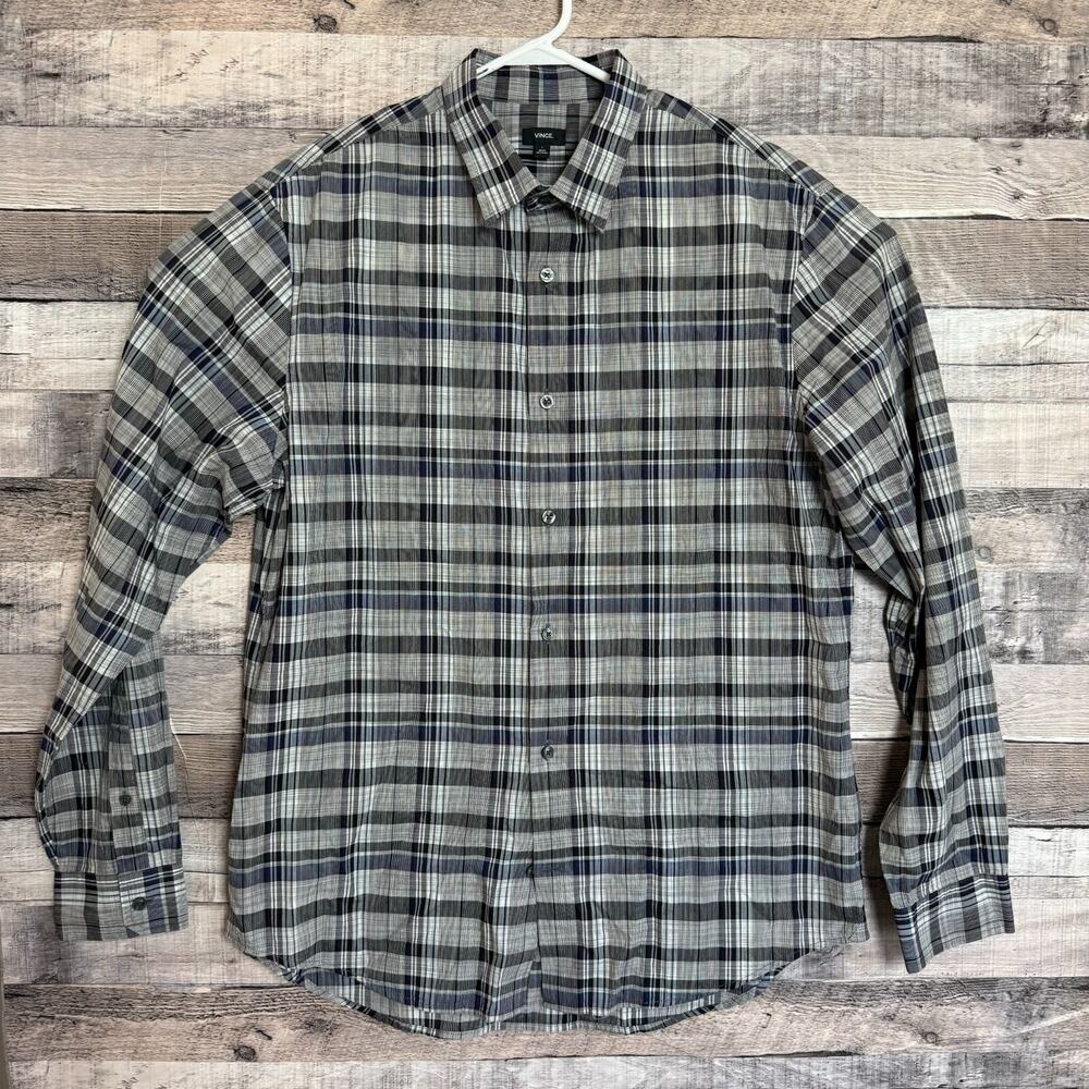 Vince Mens Gray Plaid Shirt Large Button Up Long Sleeve Knit Preppy Business